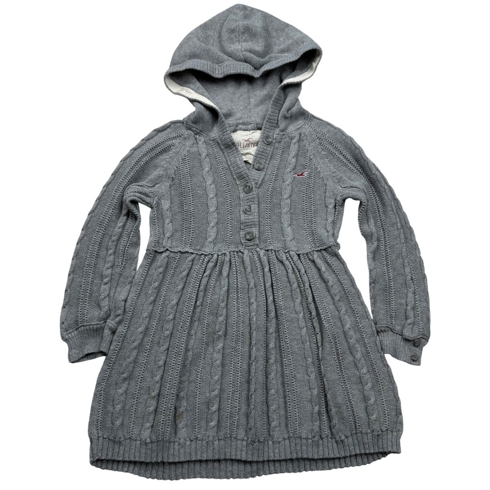 VTG Y2K Hollister Gray Cable Knit Hooded Babydoll Sweater Henley Size S